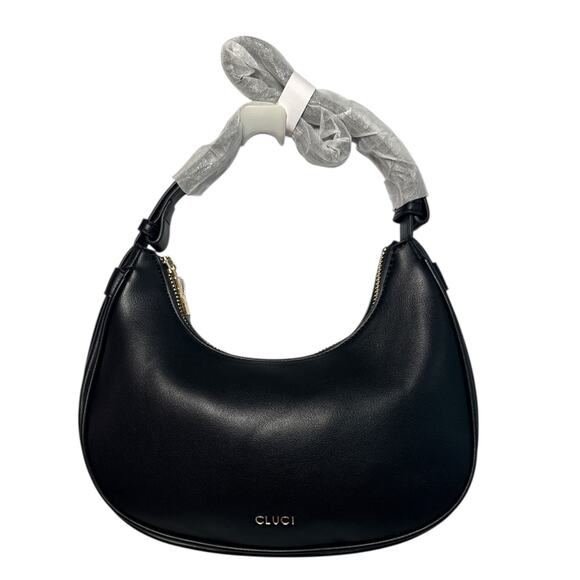 Cluci Handbags - CLUCI Black Hobo Shoulder Bag Vegan Leather Baguette Purse Gold Hardware NWT